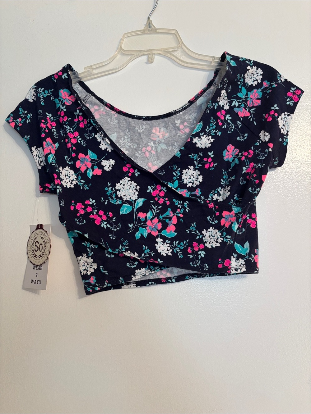 Women’s Floral Wrap Crop Top - Navy with Pink & Teal